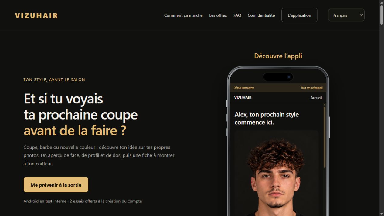 Aperçu réel de la page d’accueil VizuHair